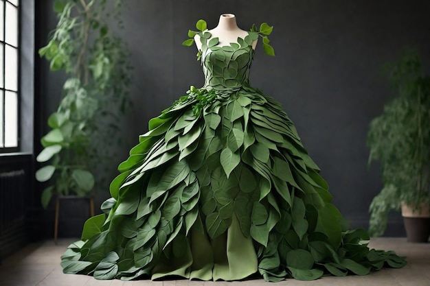 Premium Photo | Dress made of fresh green leafs and plants sustainable clothes concept